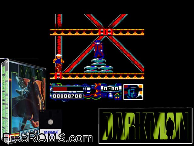 Darkman (UK) (1990) [h1] Amstrad CPC game showing 3D box cover and gameplay screenshot